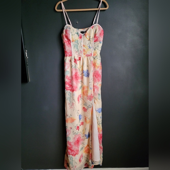 Maxi Floral Overlay Front Split Tank Bustier Dress Size 13 - Picture 1 of 12